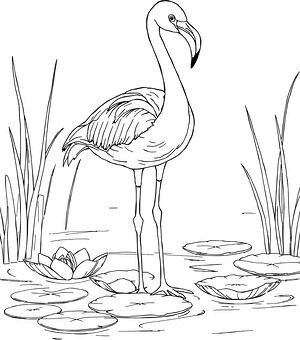 Flamingo with Lily Pads - Printable coloring page