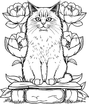 Himalayan Cat Among Peonies - Printable coloring page