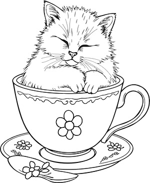 Kitten Napping in Teacup - Printable coloring page
