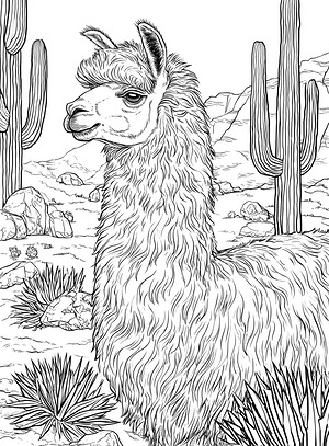 Llama Among Desert Cacti - Printable coloring page