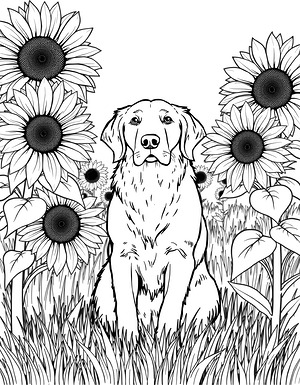Golden Retriever Among Sunflowers - Printable coloring page