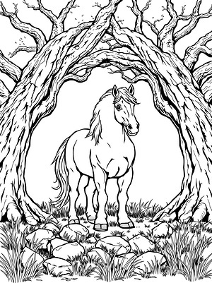 Stallion Among Weathered Oak Trees - Printable coloring page