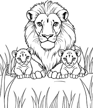Lion Family in Savanna - Printable coloring page
