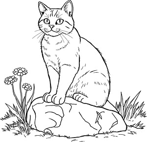 Cat with Wildflowers - Printable coloring page
