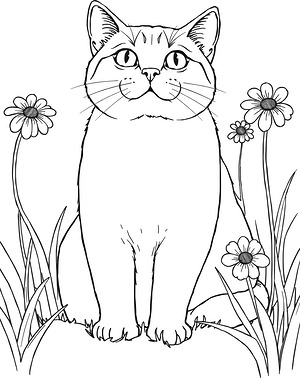Lounging Cat in Meadow - Printable coloring page