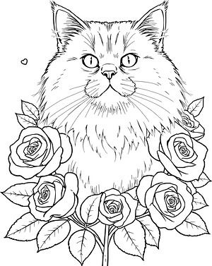 Persian Cat Among Roses - Printable coloring page