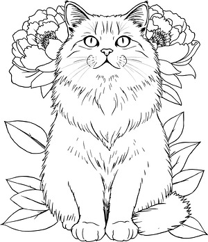 Fluffy Cat with Blooms - Printable coloring page