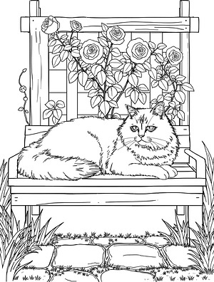 Ragdoll Cat Resting on Garden Bench - Printable coloring page