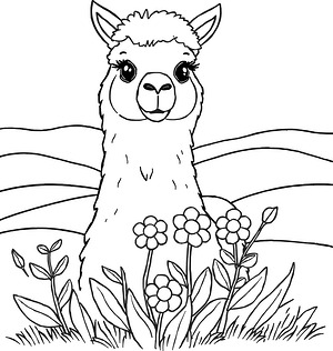 Alpaca in Flower Meadow - Printable coloring page
