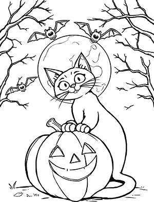 Black Cat Pumpkin Guard - Printable coloring page