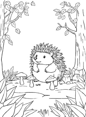 Hedgehog amid Mushrooms - Printable coloring page