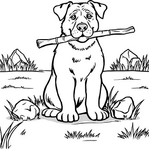 Playful Dog with Stick - Printable coloring page