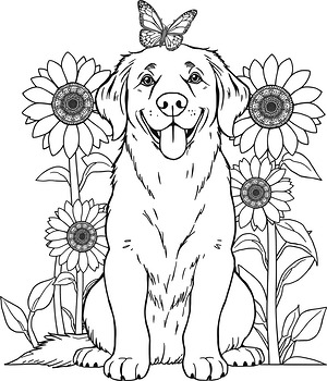 Happy Dog Among Flowers - Printable coloring page