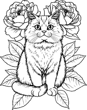 Persian Cat Among Blooming Peonies - Printable coloring page