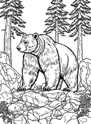 Grizzly Bear Among Mountain Boulders - Printable coloring page