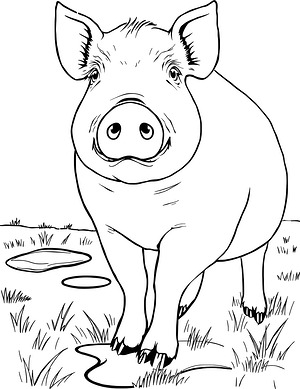Wallowing Pig in Pasture - Printable coloring page