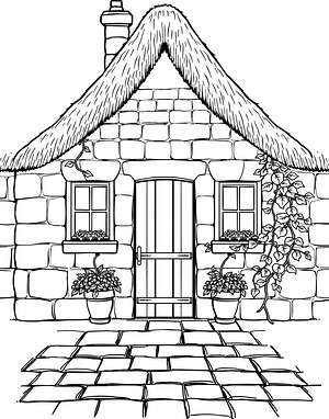 Stone Cottage Front Yard - Printable coloring page