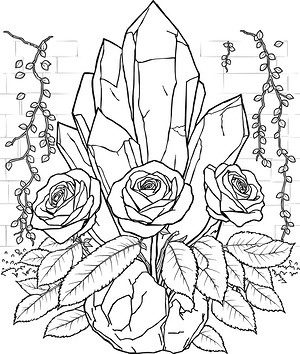 Rose Quartz Cluster and Blooming Roses - Printable coloring page