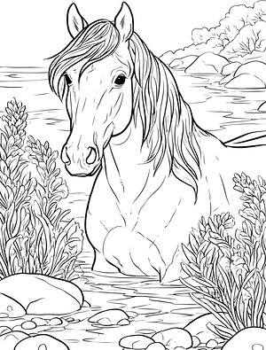 Water Horse in Stream - Printable coloring page