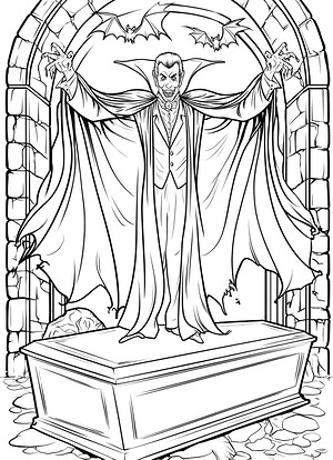 Vampire Stands by Coffin - Printable coloring page