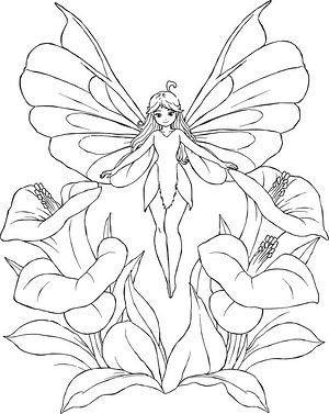 Fairy Among Giant Moonflowers - Printable coloring page