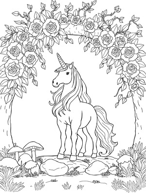 Unicorn Beneath the Flowering Arbor - Printable coloring page
