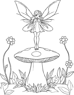 Fairy on Broad Toadstool - Printable coloring page