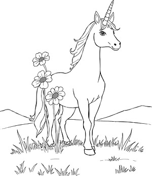 Unicorn in Wild Meadow - Printable coloring page