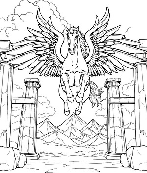 Pegasus Soaring Above Ancient Columns - Printable coloring page