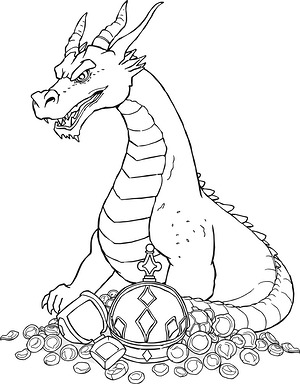 Dragon Coils Around Gold - Printable coloring page