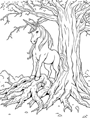 Unicorn Beneath the Ancient Oak - Printable coloring page