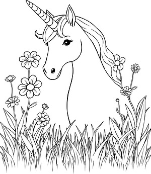 Unicorn in Flower Meadow - Printable coloring page