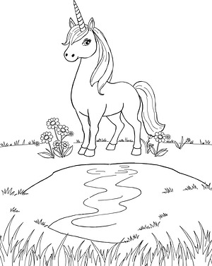 Unicorn in Flower Meadow - Printable coloring page
