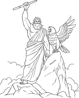 Zeus Stands Amid Clouds - Printable coloring page
