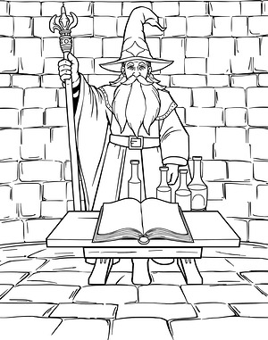Wizard with Potions - Printable coloring page