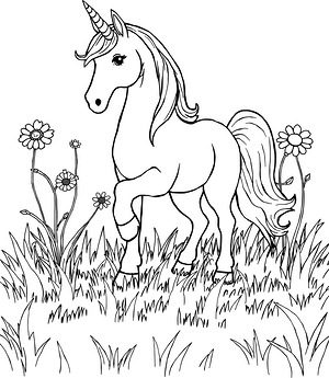 Standing Unicorn with Flowers - Printable coloring page