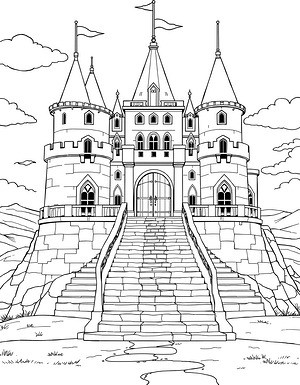 Tall Castle Above Winding Stairway - Printable coloring page