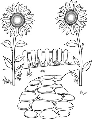 Garden Walk With Sunflowers - Printable coloring page