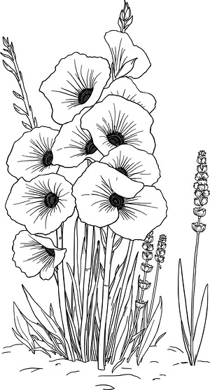 Hollyhocks with Foxgloves - Printable coloring page
