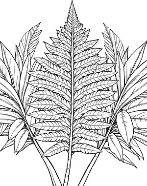 Curled Fern Among Palms - Printable coloring page