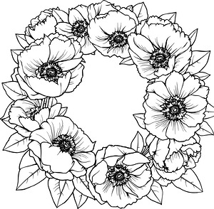 Circular Wreath with Blooming Peonies - Printable coloring page