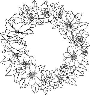 Peony Wreath Circle - Printable coloring page