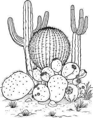 Barrel Cactus Among Desert Companions - Printable coloring page