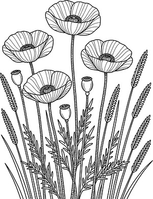 Wild Poppies and Stems - Printable coloring page