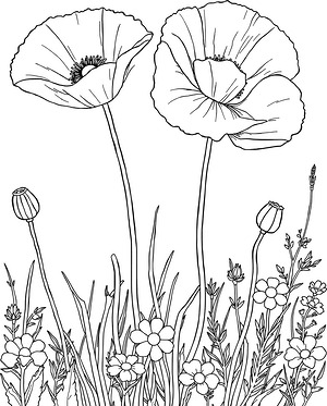 Wild Poppies and Grasses - Printable coloring page