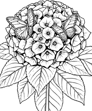 Hydrangea Blooms and Butterflies - Printable coloring page