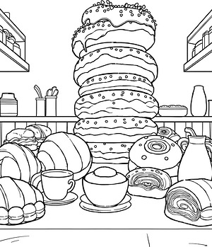 Tall Donuts and Pastry Display - Printable coloring page