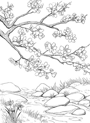 Blooming Tree by Creek - Printable coloring page