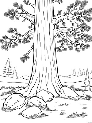 Misty Tree and Rocks - Printable coloring page