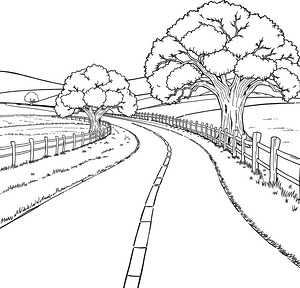 Curving Country Road Vista - Printable coloring page